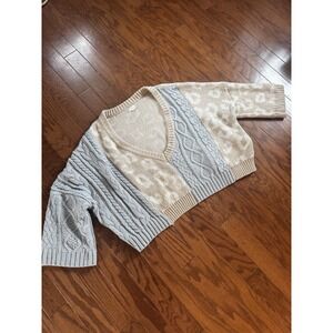 POL Women's Size L‎ Oversized Sweater Cable Knit Cheetah Gray Tan White BOHO